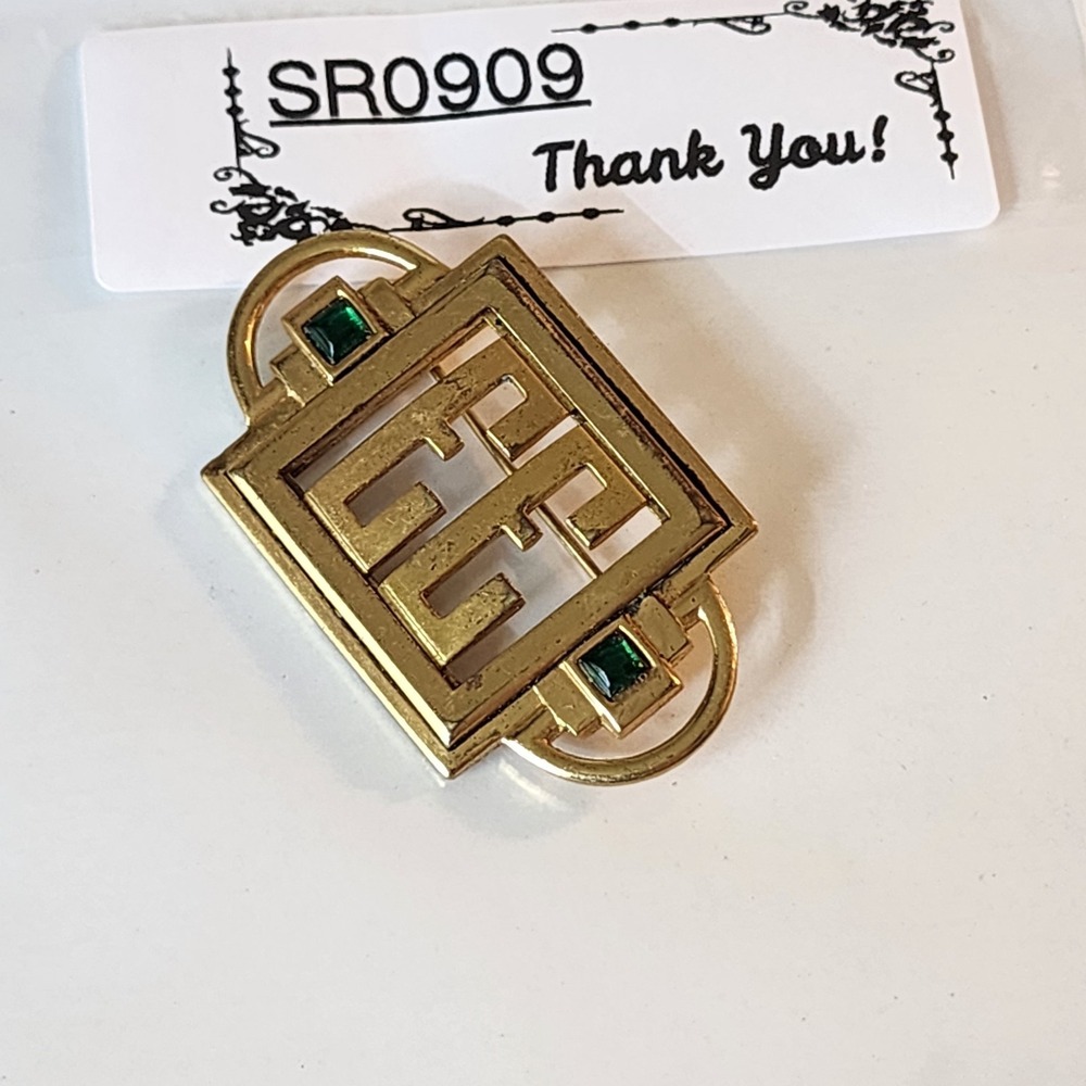 Monocraft Vintage 1930 Gold Tone Green Glass Geometric Art Deco Brooch Pin Retro - Picture 9 of 9
